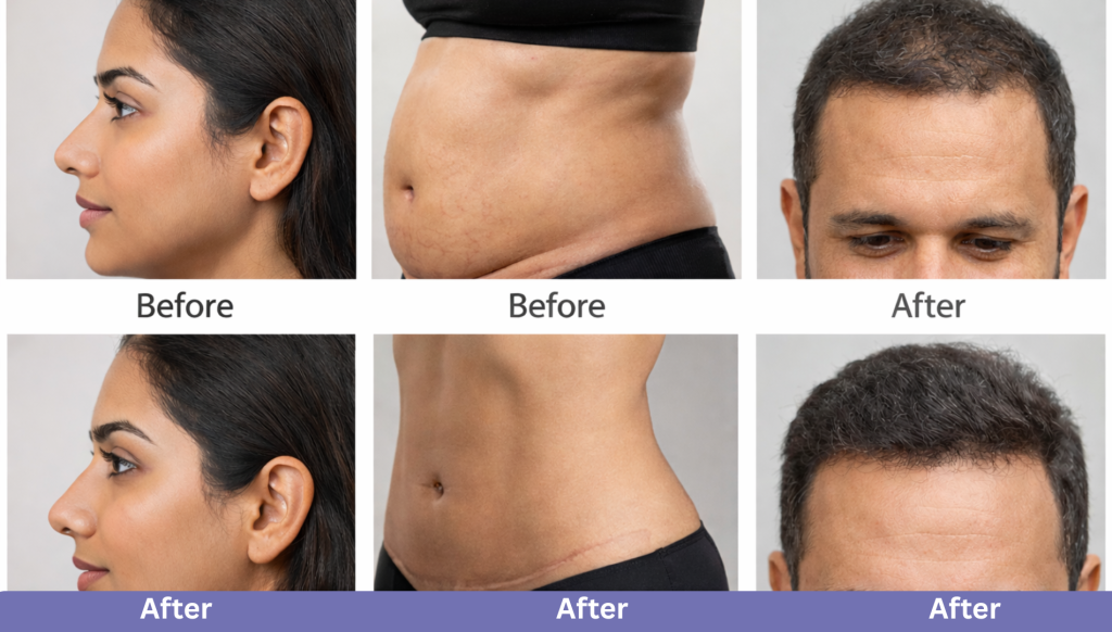 Before & After Cosmetic Surgery in India: Nose, Body & Hair Transplant Results Explained